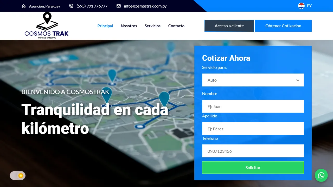 Portada del sitio de Cosmos Trak, con el formulario para cotizar.